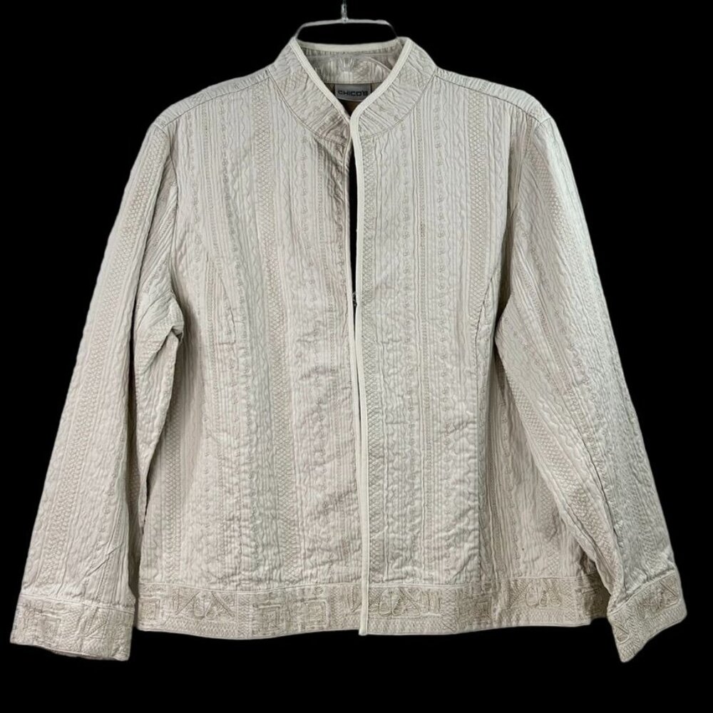 Chicos Quilted Jacket Sz 2 Cream Beige Stitching Hook & Eye Closure Long Sleeve